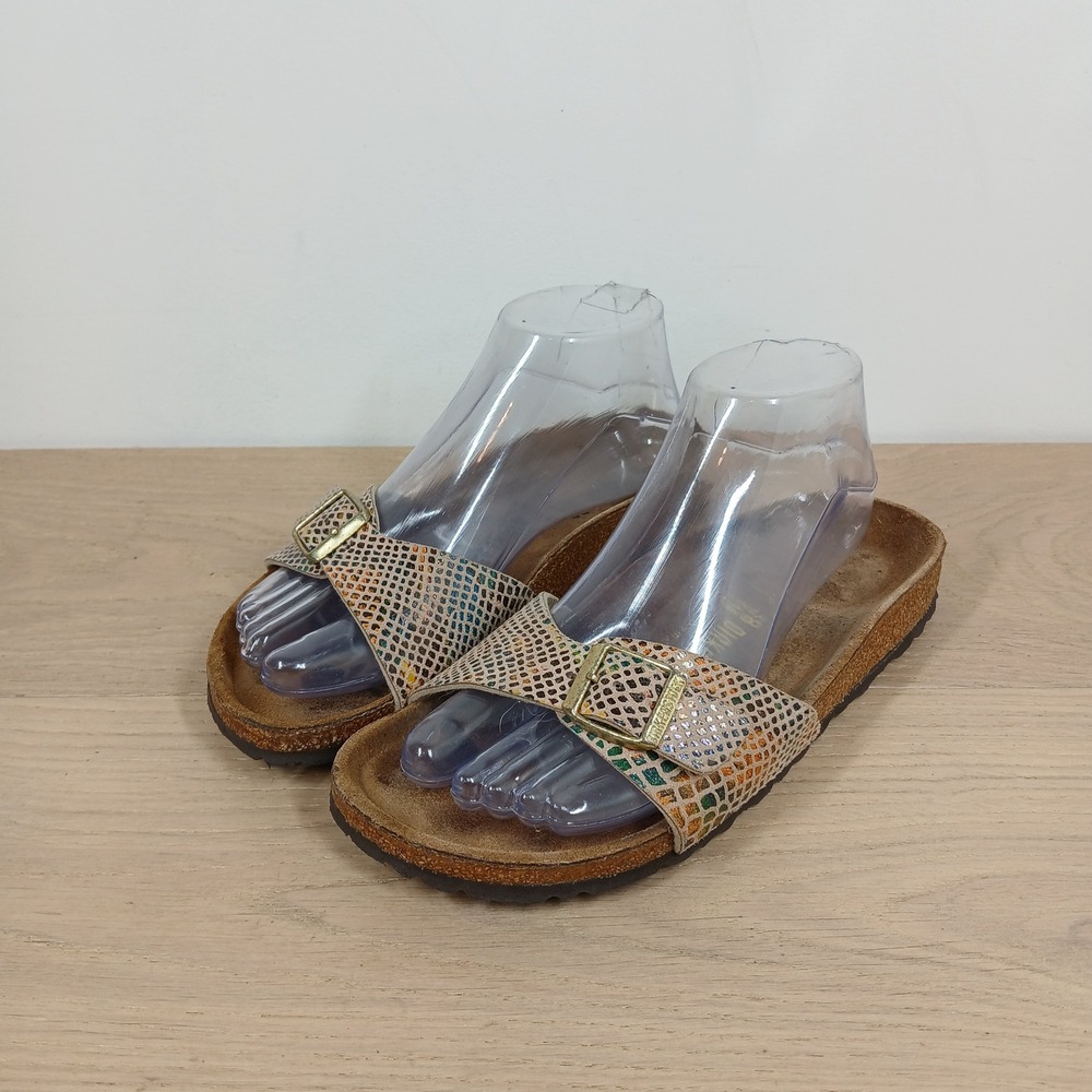 Birkenstock Madrid Slide Sandals Women 38 Multicolor Snakeskin Leather Buckle